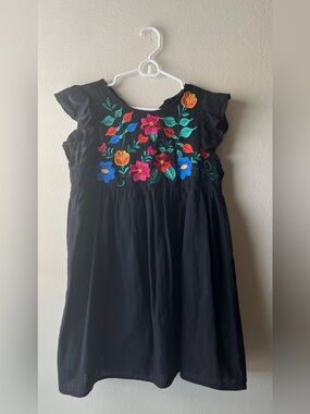 Black Dress with Multicolor Mexican  Floral Embroidery